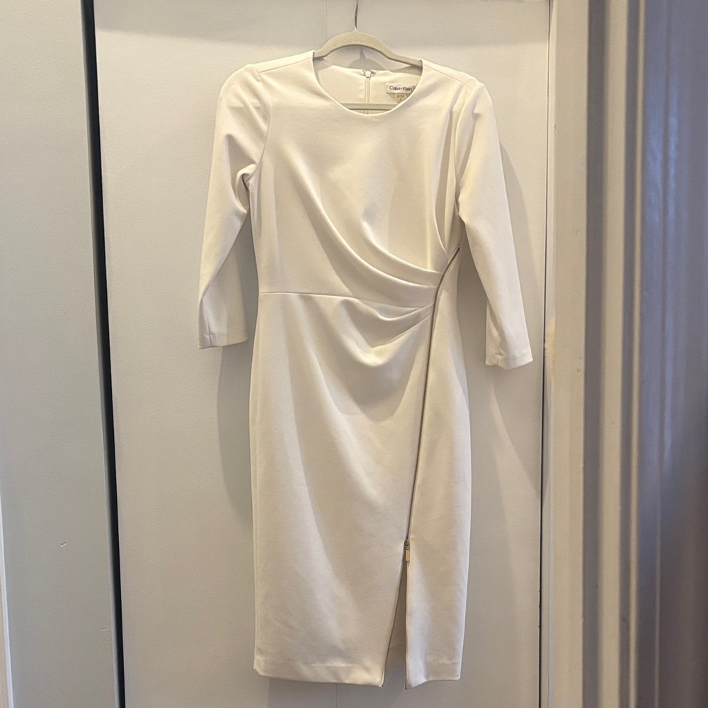 Calvin Klein Cream Long-Sleeve Sheath Dress with Side Drape